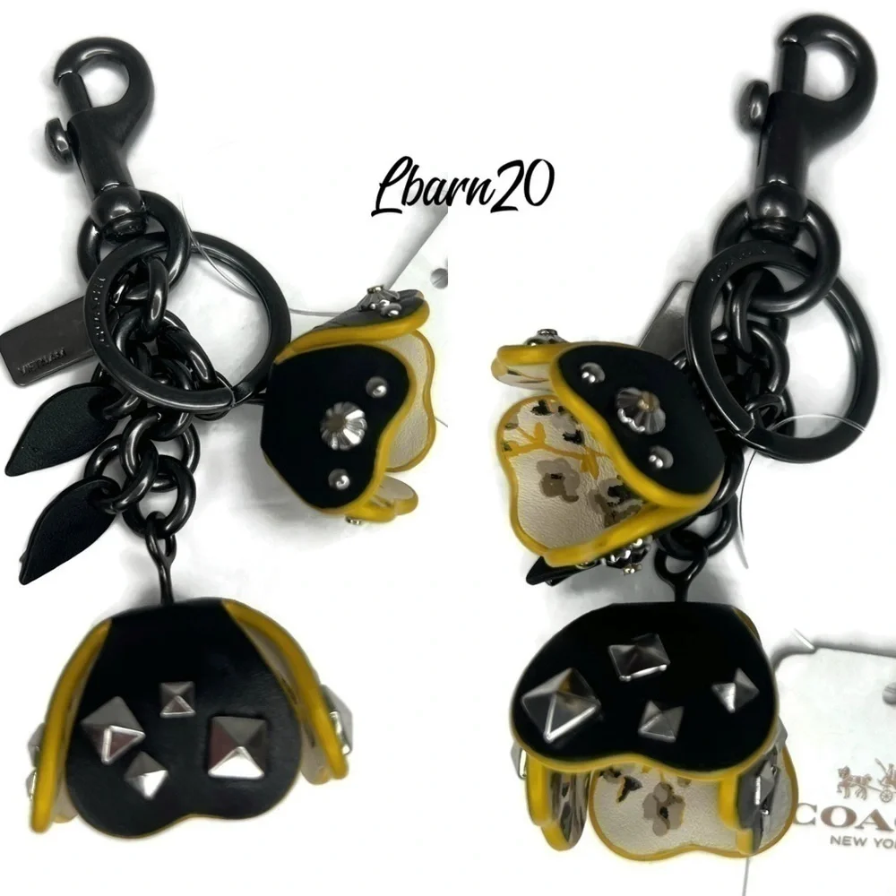 Coach Prairie Black Yellow Tearose Roses Floral Flower Keychain Fob NWT